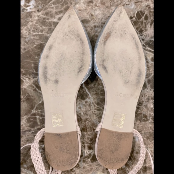 “J. CREW”, Women, Sz 7.5, Silver Sparkle Glitter w/Beige Ankle Tie-Up Flat Shoes - Picture 8 of 9